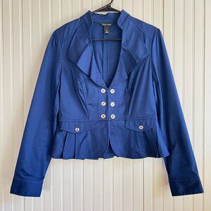 White House Black Market Feminine Ruffled Navy Military Jacket  Romantic Sz 6